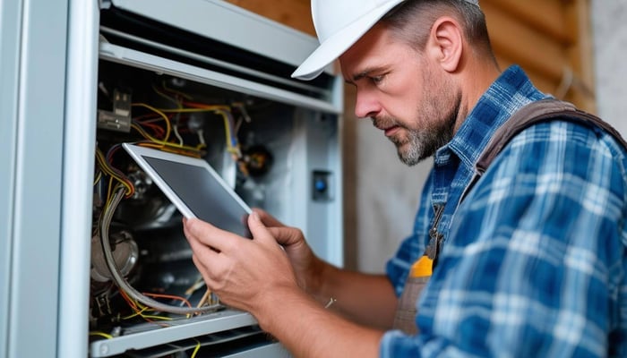 handy man using a tablet to inspect the inside of an air conditioner