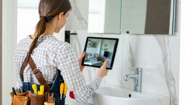 handy woman wearing a tool belt using a tablet to inspect a bathroom-1