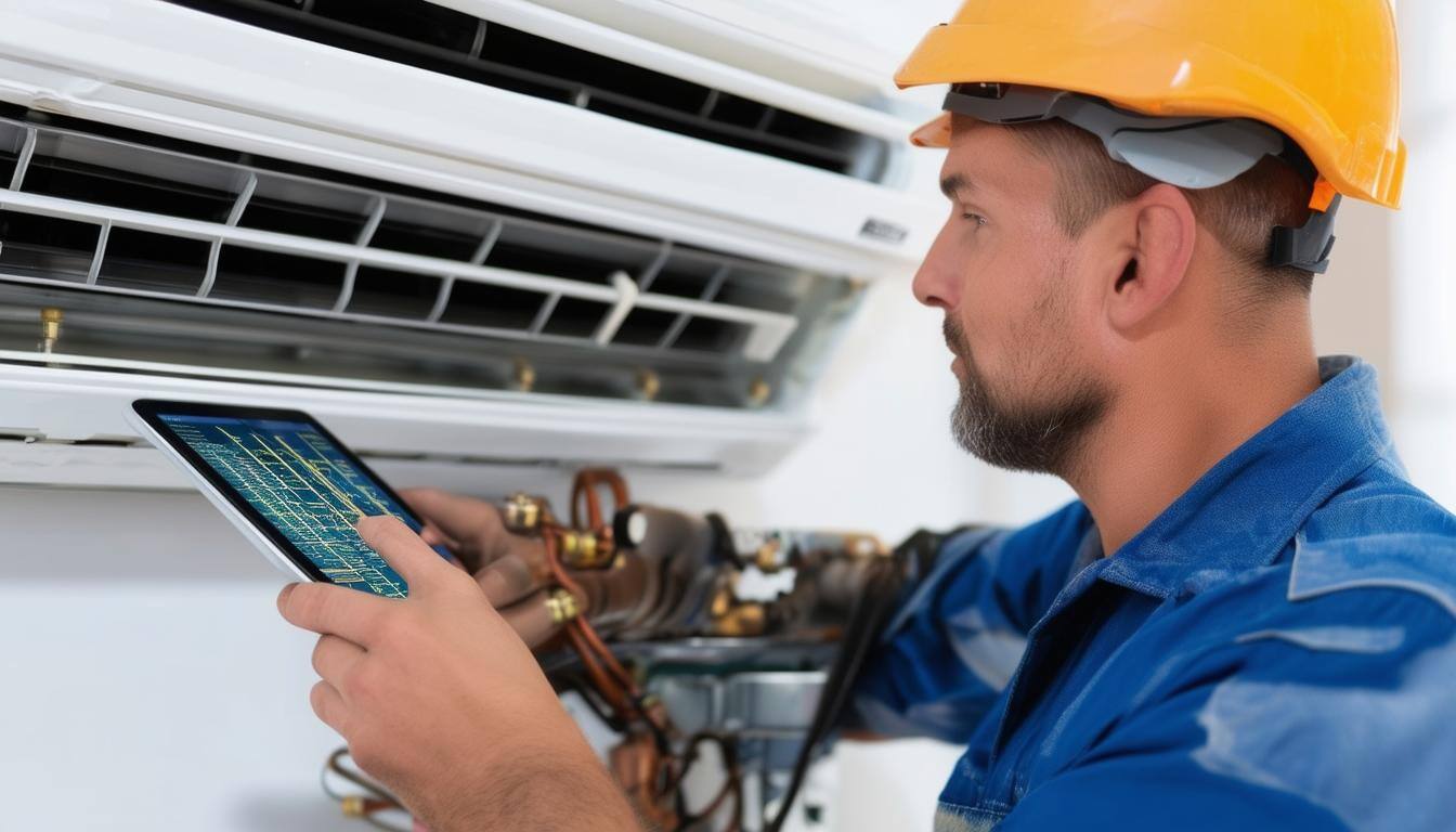 maintenance man using a tablet to inspect the inside of an air conditioner
