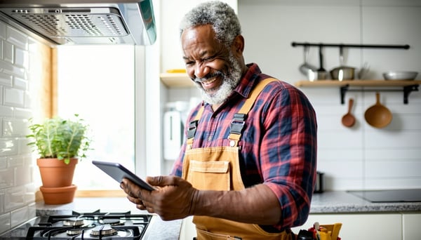 smiling older black handy man wearing a tool belt using a tablet in a kichen to inspect a stove-1