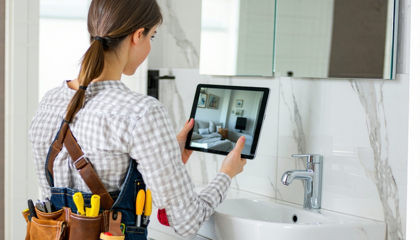 handy woman wearing a tool belt using a tablet to inspect a bathroom-1 handy woman wearing a tool belt using a tablet to inspect a bathroom-1