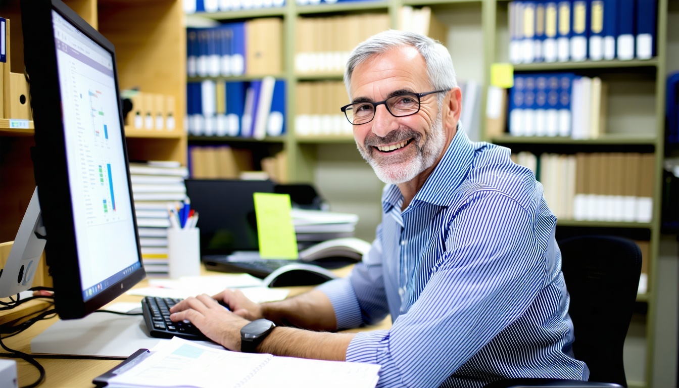 older smiling book keeper at desk using computer-1 older smiling book keeper at desk using computer-1