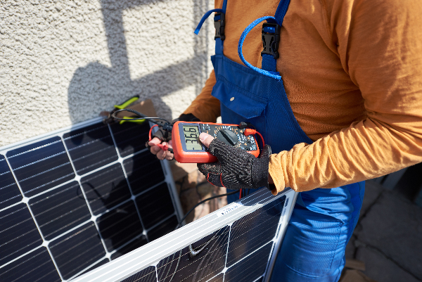 renewable energy inspector measuring solar panels performance
